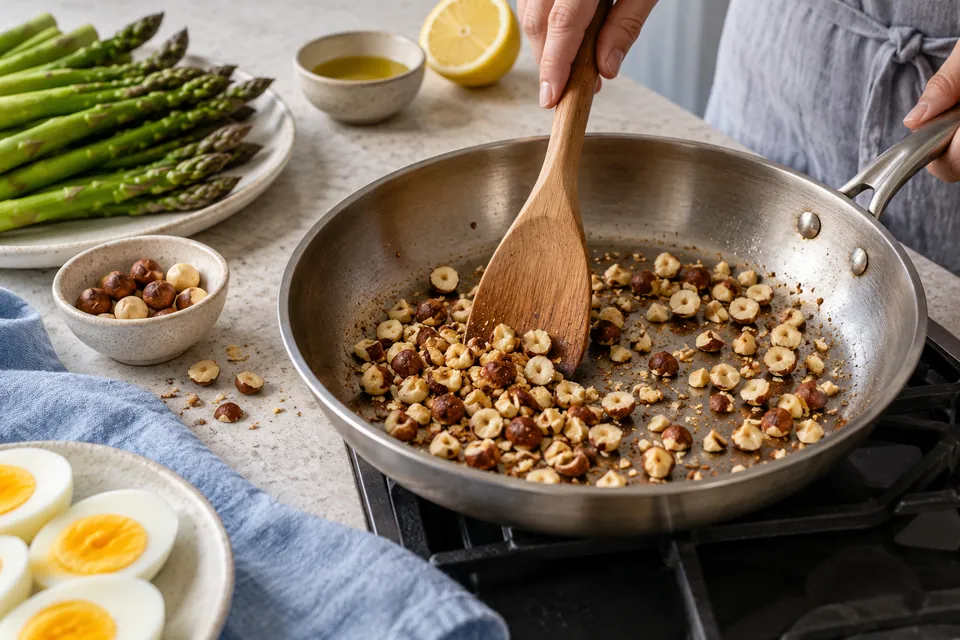 Grüner Spargel mit Ei und Haselnuss: Nüsse rösten