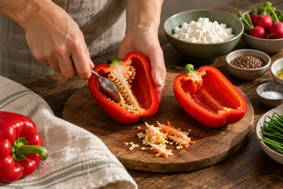 Paprika-Hüttenkäse-Boote: Entkernen