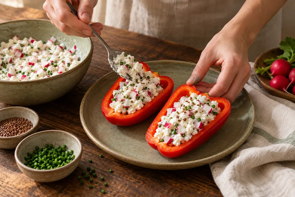 Paprika-Hüttenkäse-Boote: Füllung verteilen