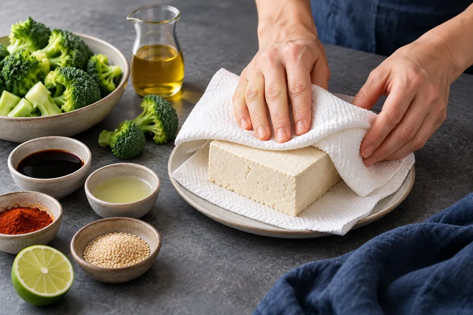 Tofu-Brokkoli aus dem Ofen: Tofu abtrocknen
