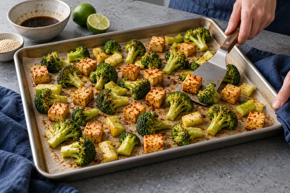 Tofu-Brokkoli aus dem Ofen: freie Abstände auf dem Blech