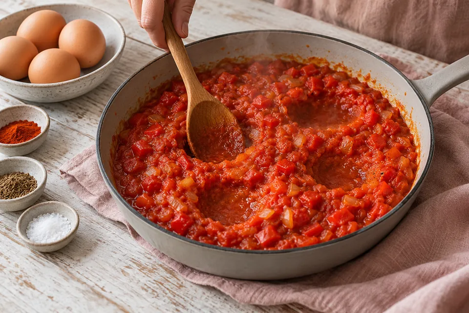 Tomaten-Eier-Pfanne: Mulden bilden