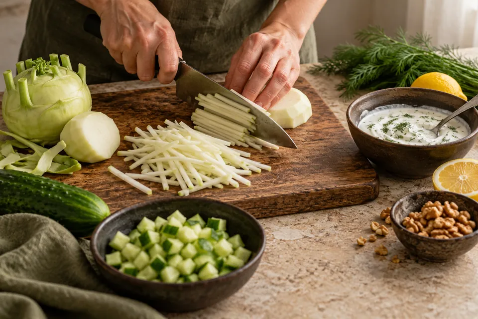 Kohlrabi-Gurken-Salat mit Dill: Julienneschnitt