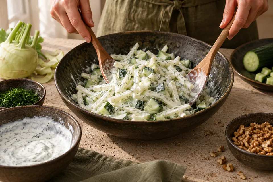 Kohlrabi-Gurken-Salat mit Dill: Joghurt unterheben