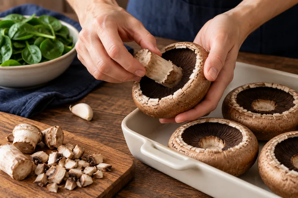 Portobello mit Spinatcreme: Stiele lösen