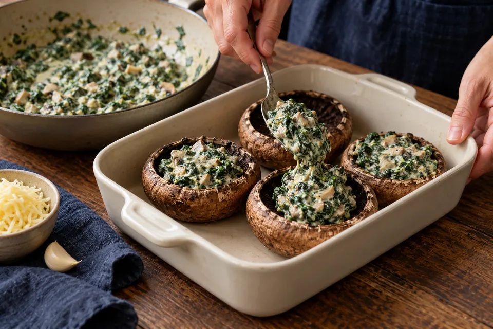 Portobello mit Spinatcreme: Spinatcreme einfüllen