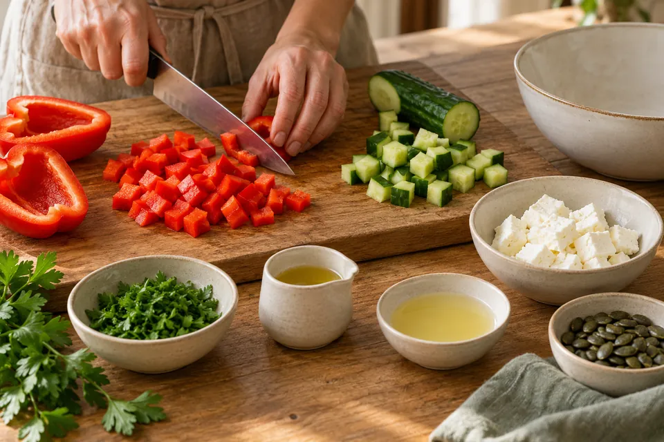 Feta-Paprika-Salat mit Kürbiskernen: gleichmäßige Würfel