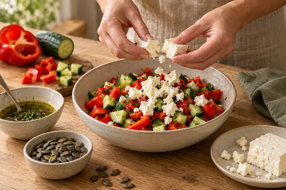 Feta-Paprika-Salat mit Kürbiskernen: Feta bröseln