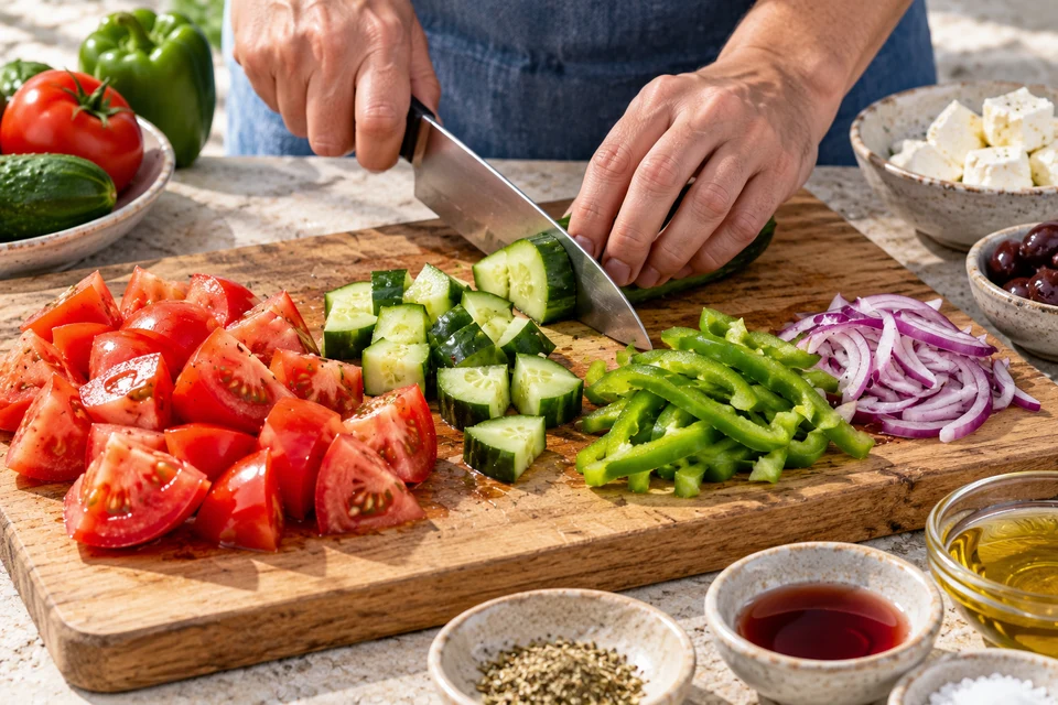 Griechischer Bauernsalat: Schnittgrößen (KI-Illustration)