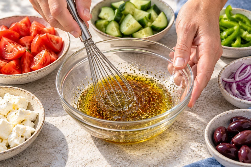 Griechischer Bauernsalat: Dressing verrühren (KI-Illustration)