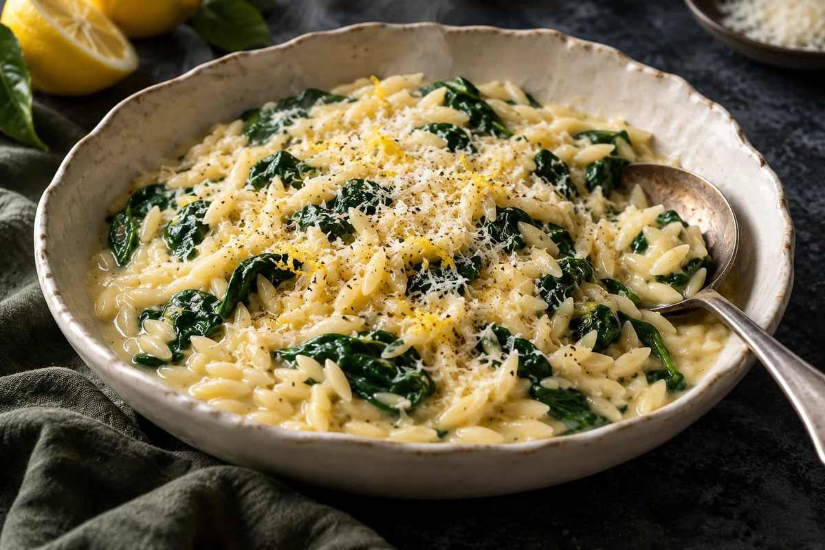 Cremiger Zitronen-Orzo mit Spinat, feinem Käse und Zitronenabrieb in einer flachen Keramikschale