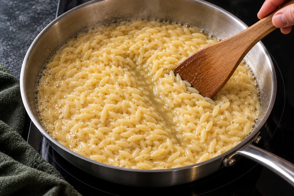 Orzo köcheln vor der Spinat-Zugabe in einer Edelstahlpfanne; zwischen den Nudeln ist noch Brühe sichtbar