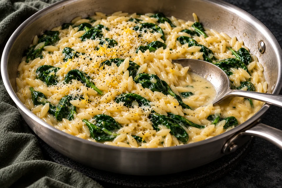 Fertige Orzo mit Spinat und leichter cremiger Sauce; ein Löffel macht die noch fließende Konsistenz sichtbar