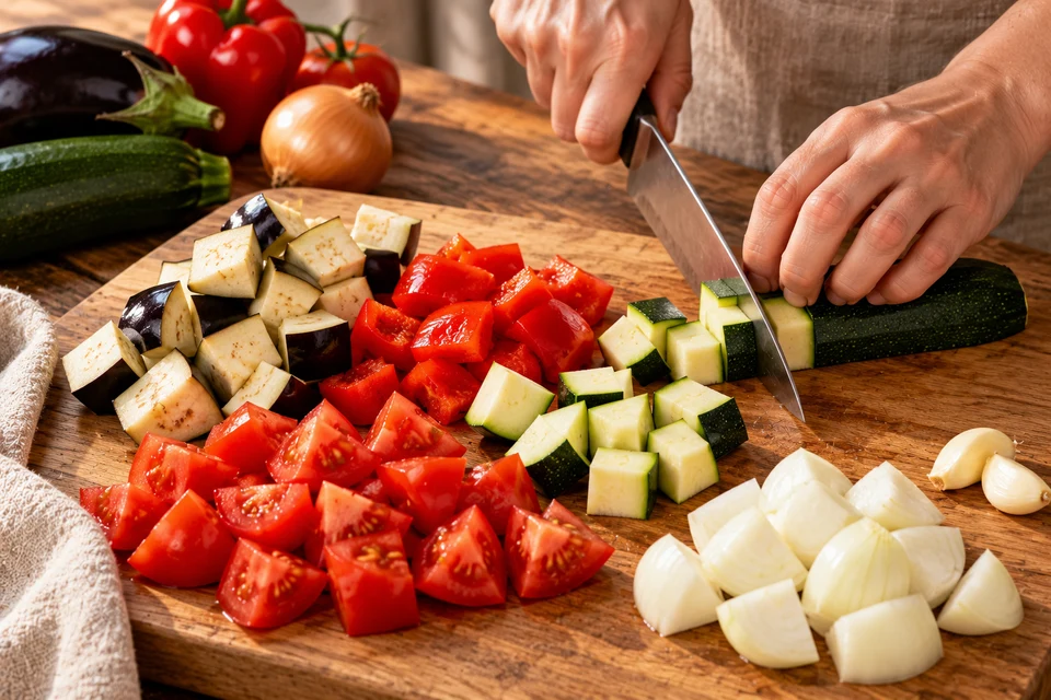Ratatouille aus dem Ofen: Würfelgröße (KI-Illustration)