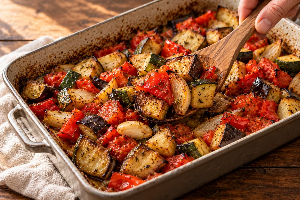 Ratatouille aus dem Ofen: fertige Röstkanten (KI-Illustration)