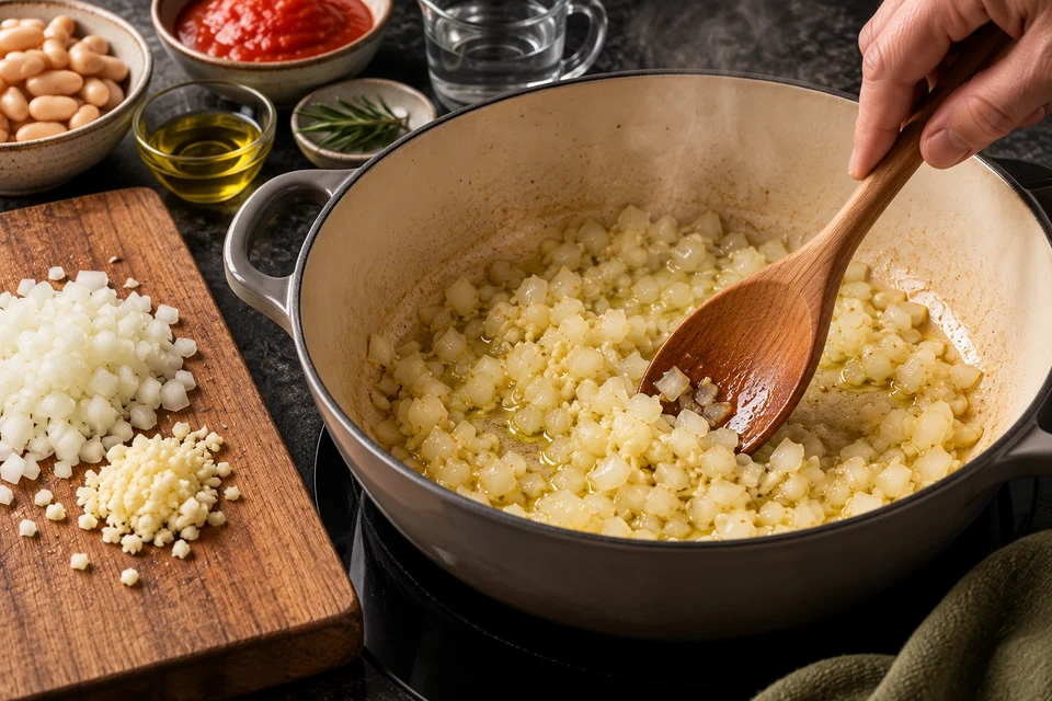 Weiße Bohnen mit Rosmarin: Zwiebel anschwitzen (KI-Illustration)