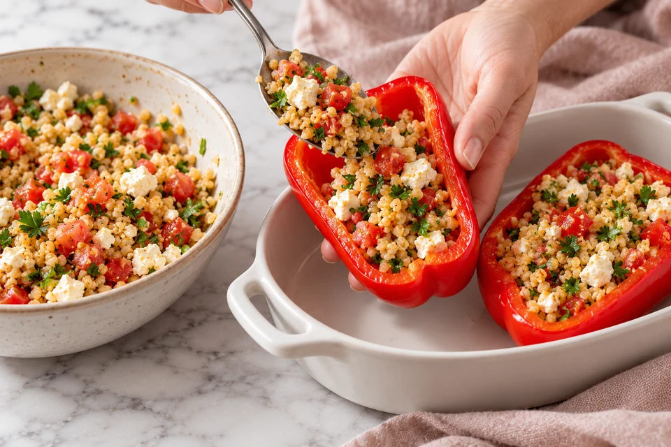 Gefüllte Paprika mit Bulgur: Füllung einlöffeln (KI-Illustration)