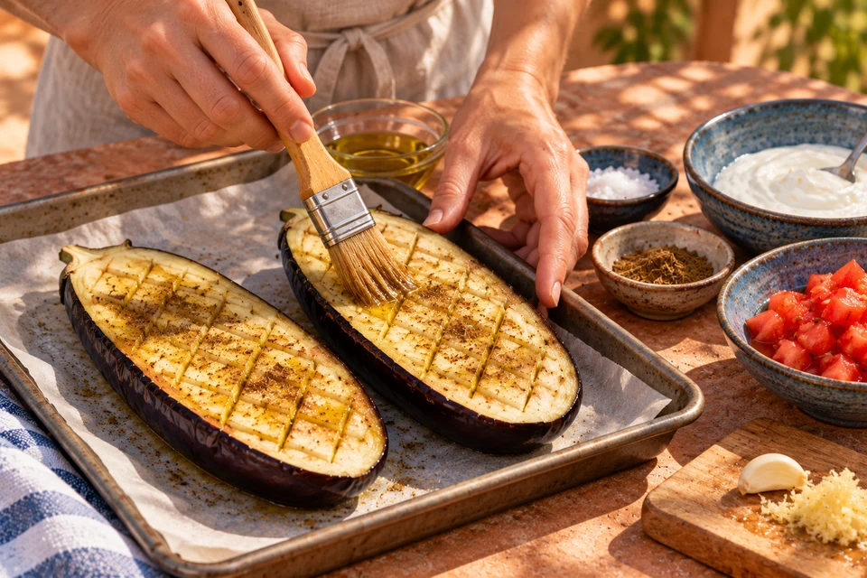 Auberginen mit Tomaten-Joghurt: Rautenschnitt (KI-Illustration)