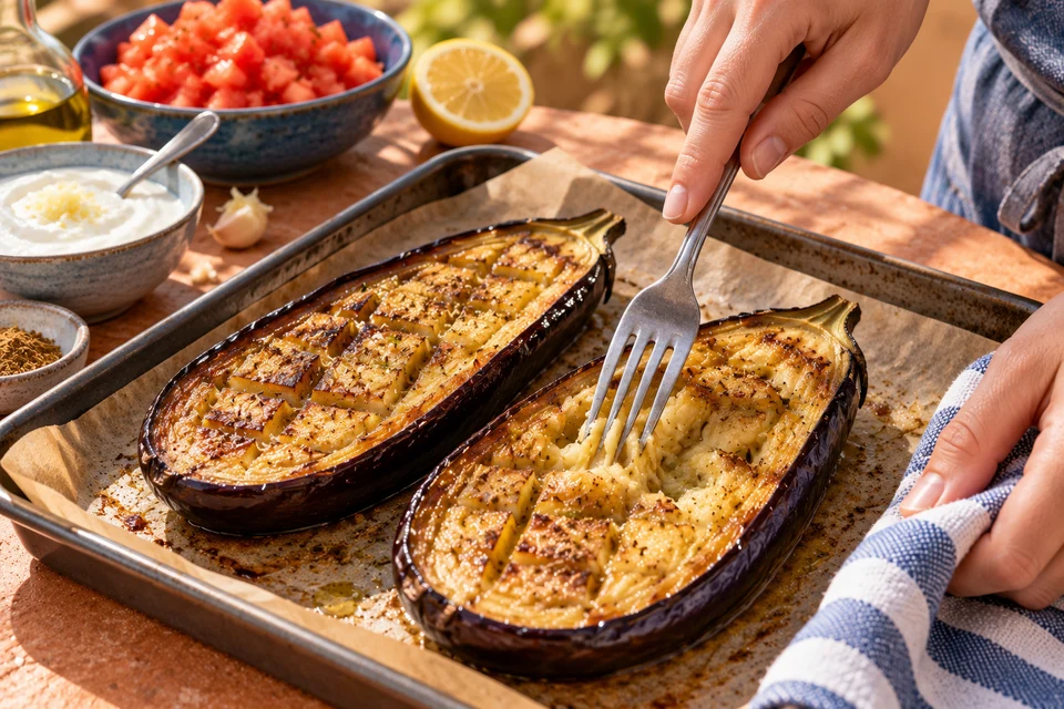 Auberginen mit Tomaten-Joghurt: weiches Fruchtfleisch (KI-Illustration)