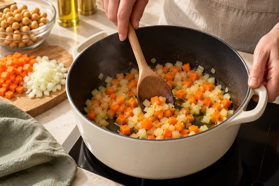 Kichererbsen-Zitronen-Suppe: Gemüsewürfel (KI-Illustration)