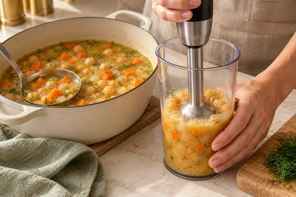 Kichererbsen-Zitronen-Suppe: Teilmenge pürieren (KI-Illustration)