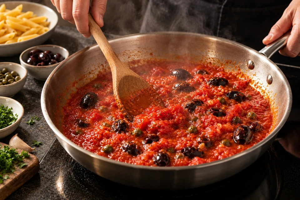 Tomaten-Oliven-Pasta: Tomatensauce reduzieren (KI-Illustration)