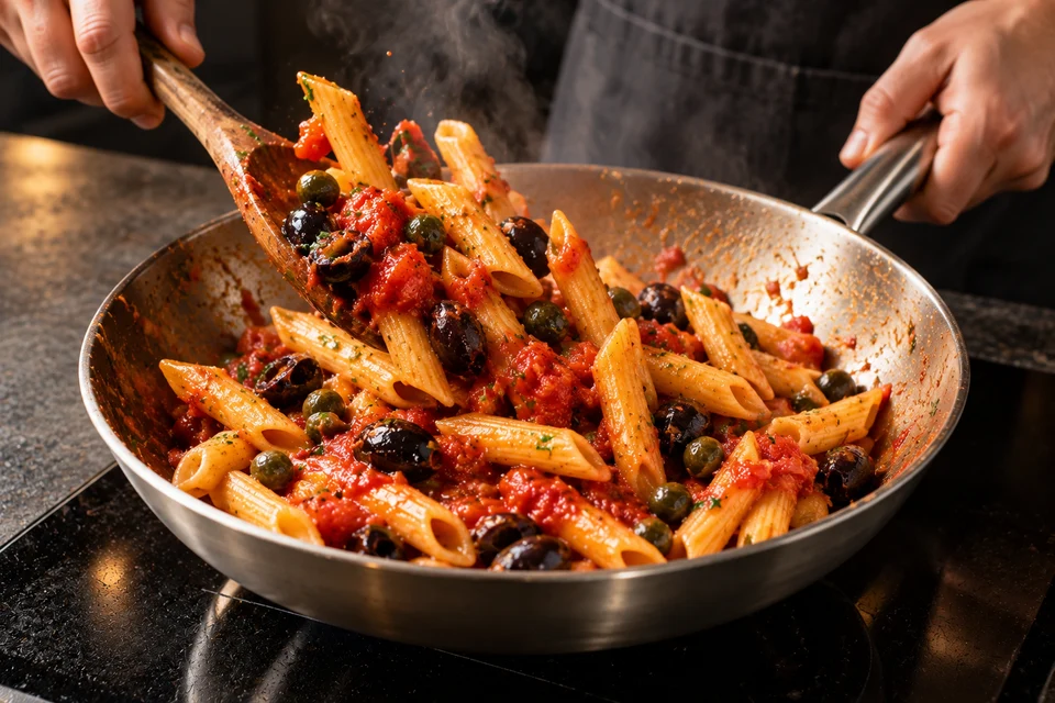 Tomaten-Oliven-Pasta: Pasta schwenken (KI-Illustration)