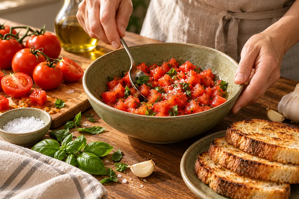 Tomaten-Bruschetta: Tomatenwürfel (KI-Illustration)