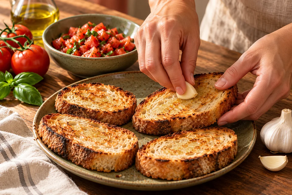 Tomaten-Bruschetta: Brot mit Knoblauch abreiben (KI-Illustration)