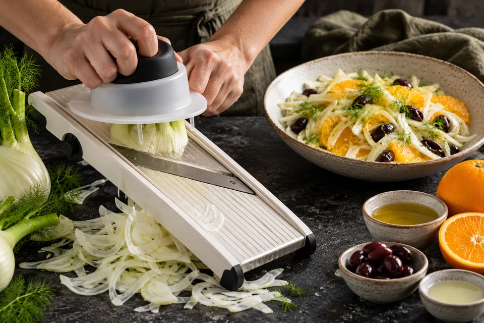 Fenchel-Orangen-Salat: Fenchel hobeln (KI-Illustration)