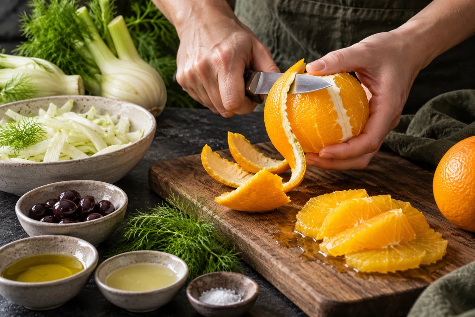 Fenchel-Orangen-Salat: Orange schälen (KI-Illustration)