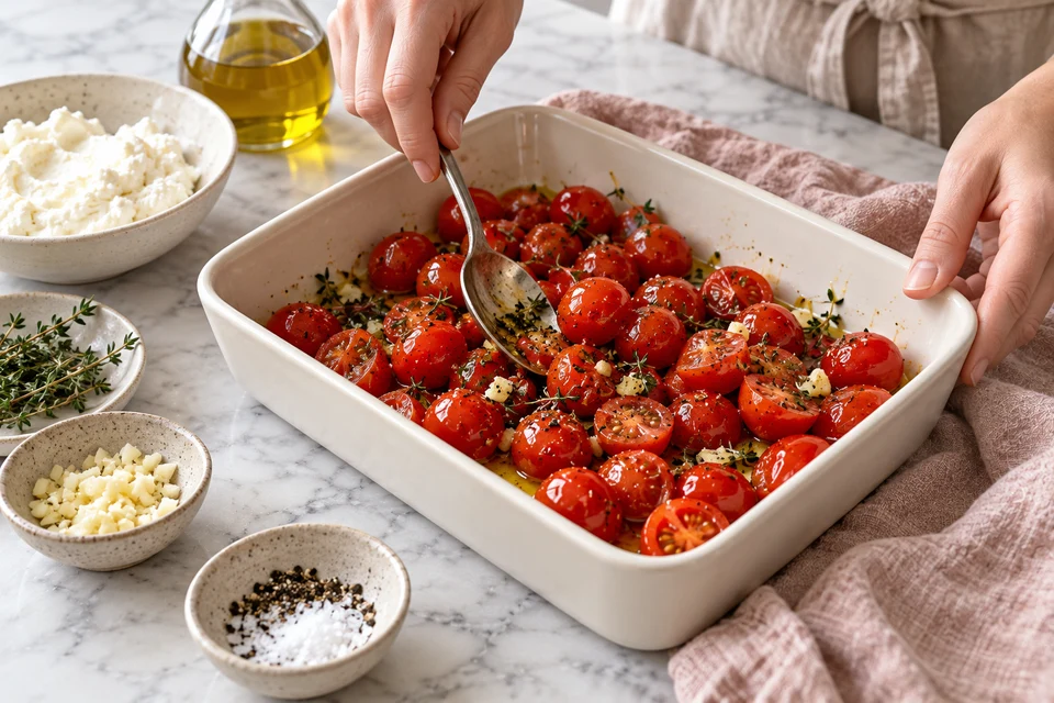 Ofentomaten mit Ricotta: Tomaten vor dem Rösten (KI-Illustration)