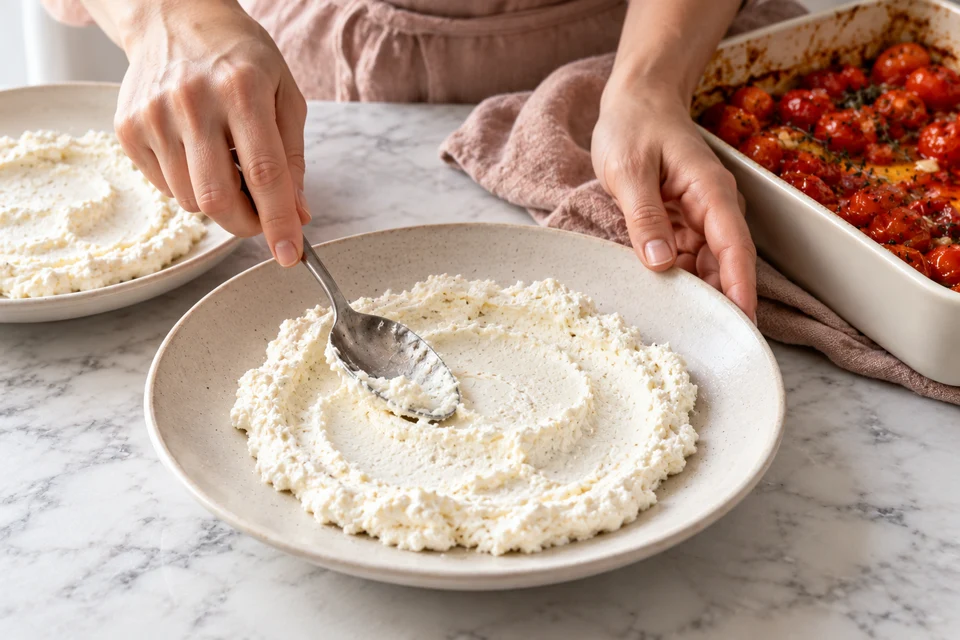 Ofentomaten mit Ricotta: Ricotta ausstreichen (KI-Illustration)