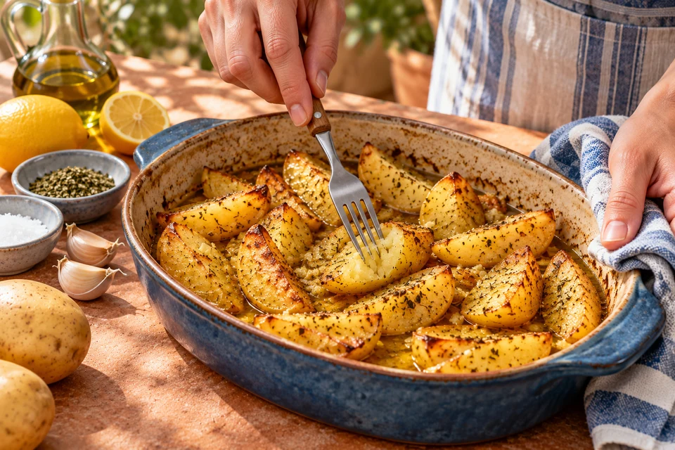 Griechische Zitronenkartoffeln: Bratensatz und Garprobe (KI-Illustration)