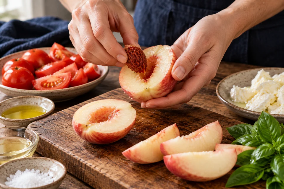 Caprese mit weißen Pfirsichen: Pfirsich entsteinen (KI-Illustration)