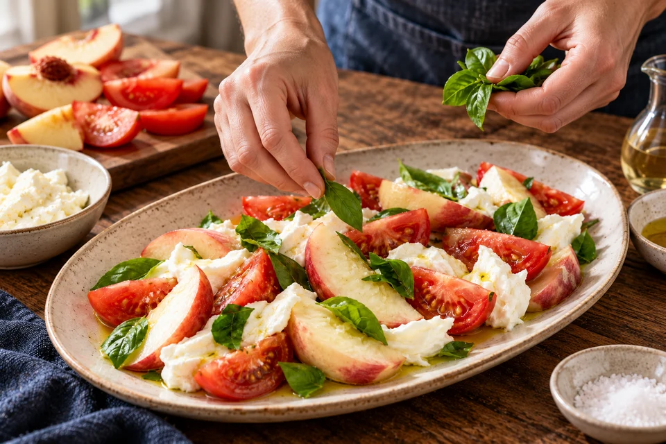 Caprese mit weißen Pfirsichen: Zutaten anrichten (KI-Illustration)