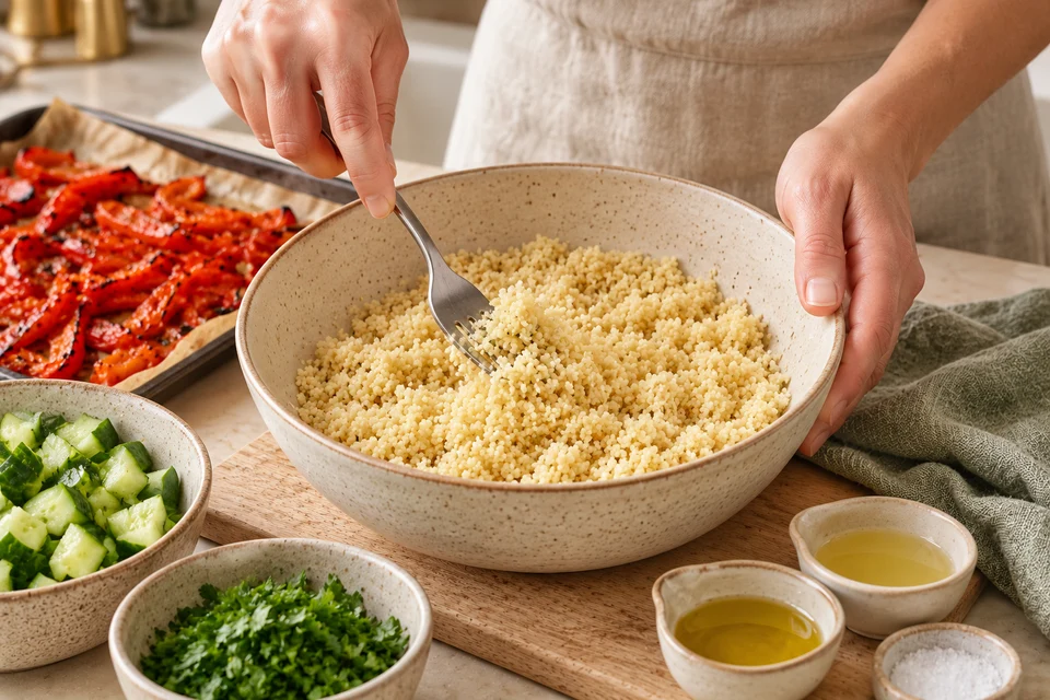 Couscous mit gerösteter Paprika: Couscous lockern (KI-Illustration)