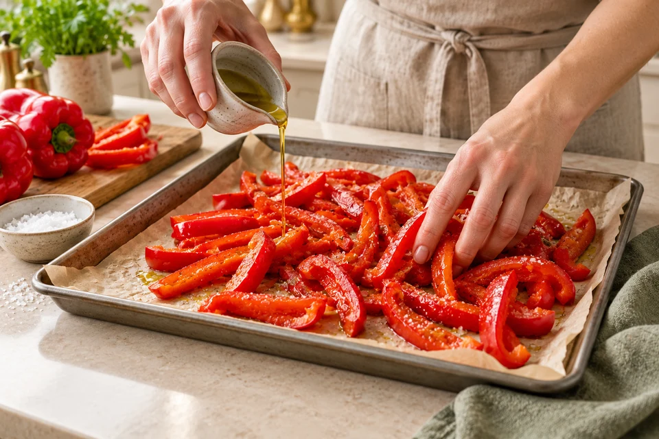Couscous mit gerösteter Paprika: Paprikastreifen rösten (KI-Illustration)