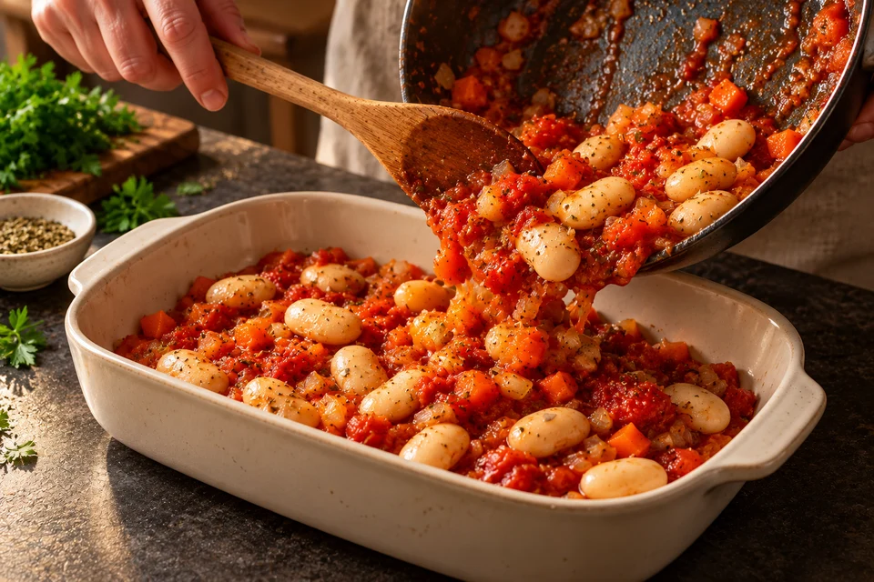 Gigantes aus der Auflaufform: Bohnen in Sauce (KI-Illustration)