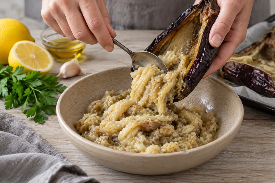 Auberginencreme mit Zitrone: zusammengefallene Aubergine (KI-Illustration)