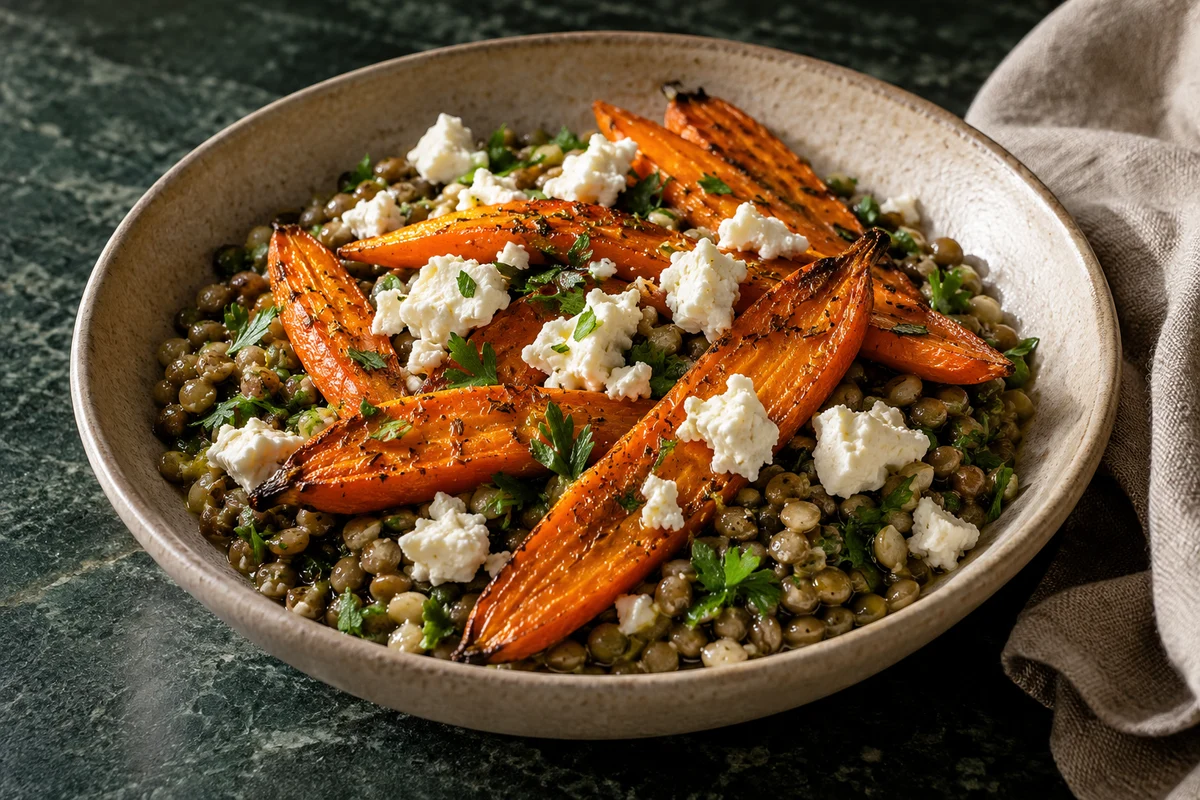 Linsen mit Ofenkarotten und Feta