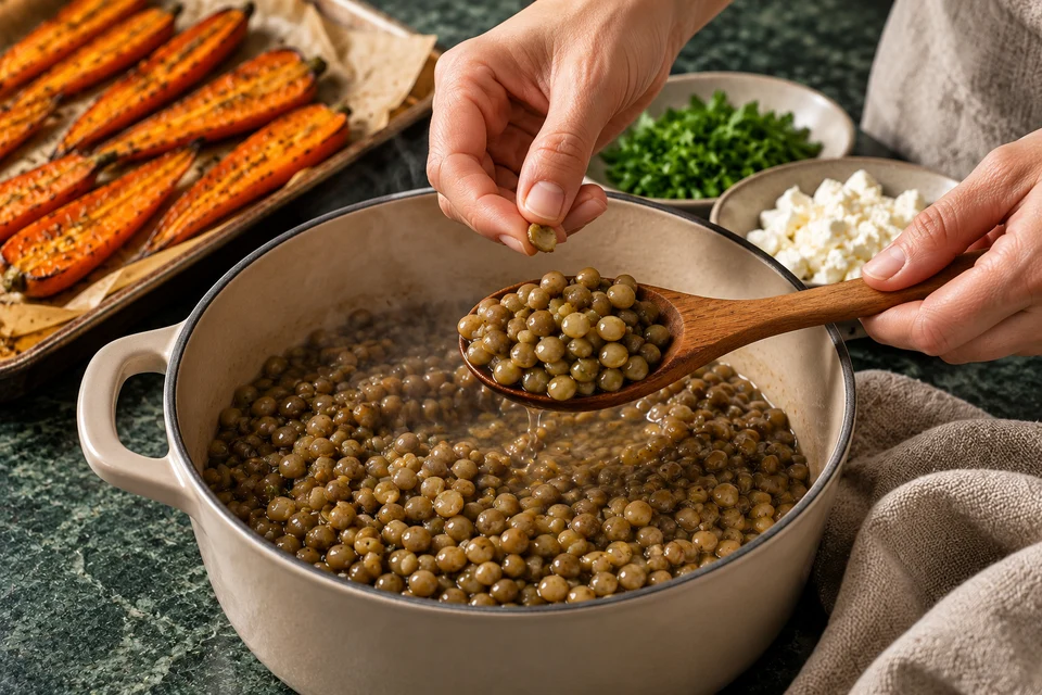 Linsen mit Ofenkarotten und Feta: bissfeste Linsen (KI-Illustration)
