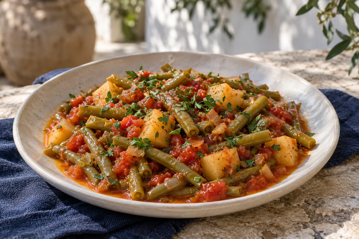 Fasolakia mit Kartoffeln und Tomaten · KI-Illustration
