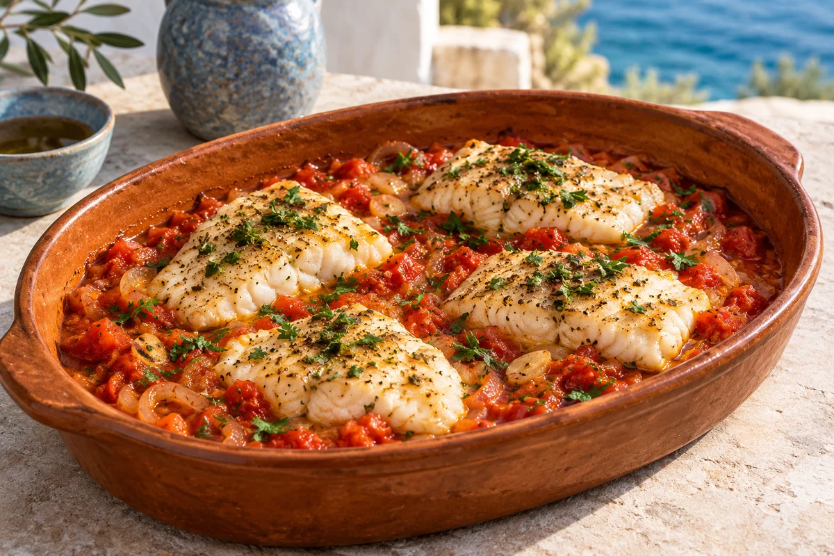 Fisch Plaki mit Tomaten und Zwiebeln · KI-Illustration