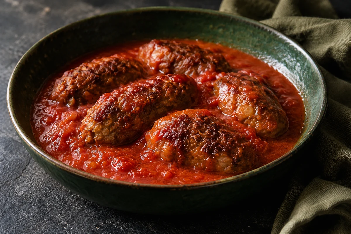 Soutzoukakia in würziger Tomatensauce · KI-Illustration