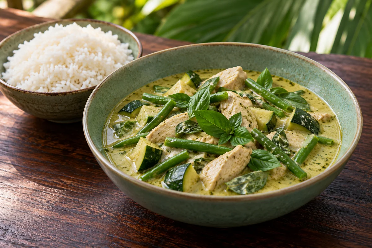 Grünes Thai-Hähnchencurry mit Jasminreis · KI-Illustration