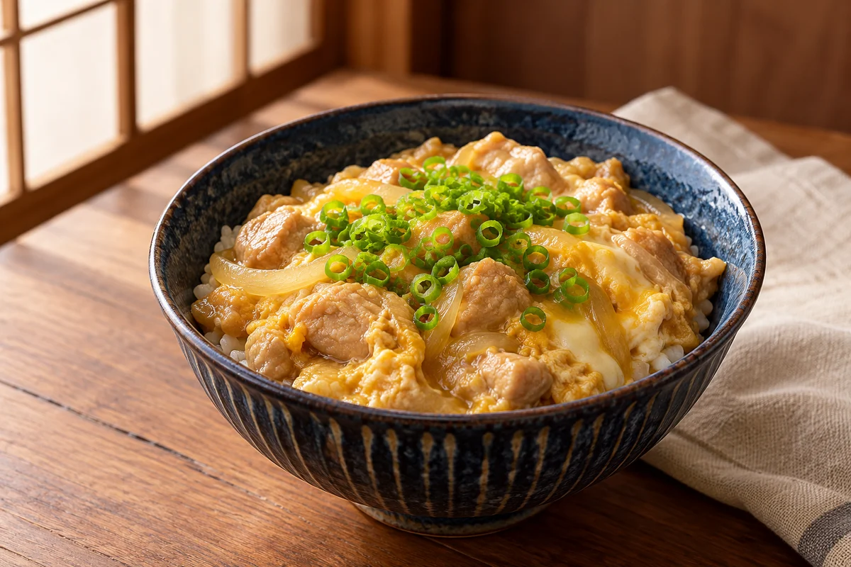 Oyakodon mit Hähnchen, Zwiebel und Ei · KI-Illustration