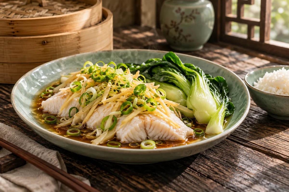 Ingwer-Fisch aus dem Dampf mit Pak Choi · KI-Illustration