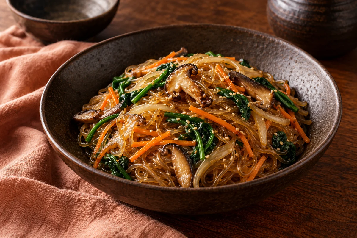 Japchae mit Pilzen und Süßkartoffel-Glasnudeln · KI-Illustration