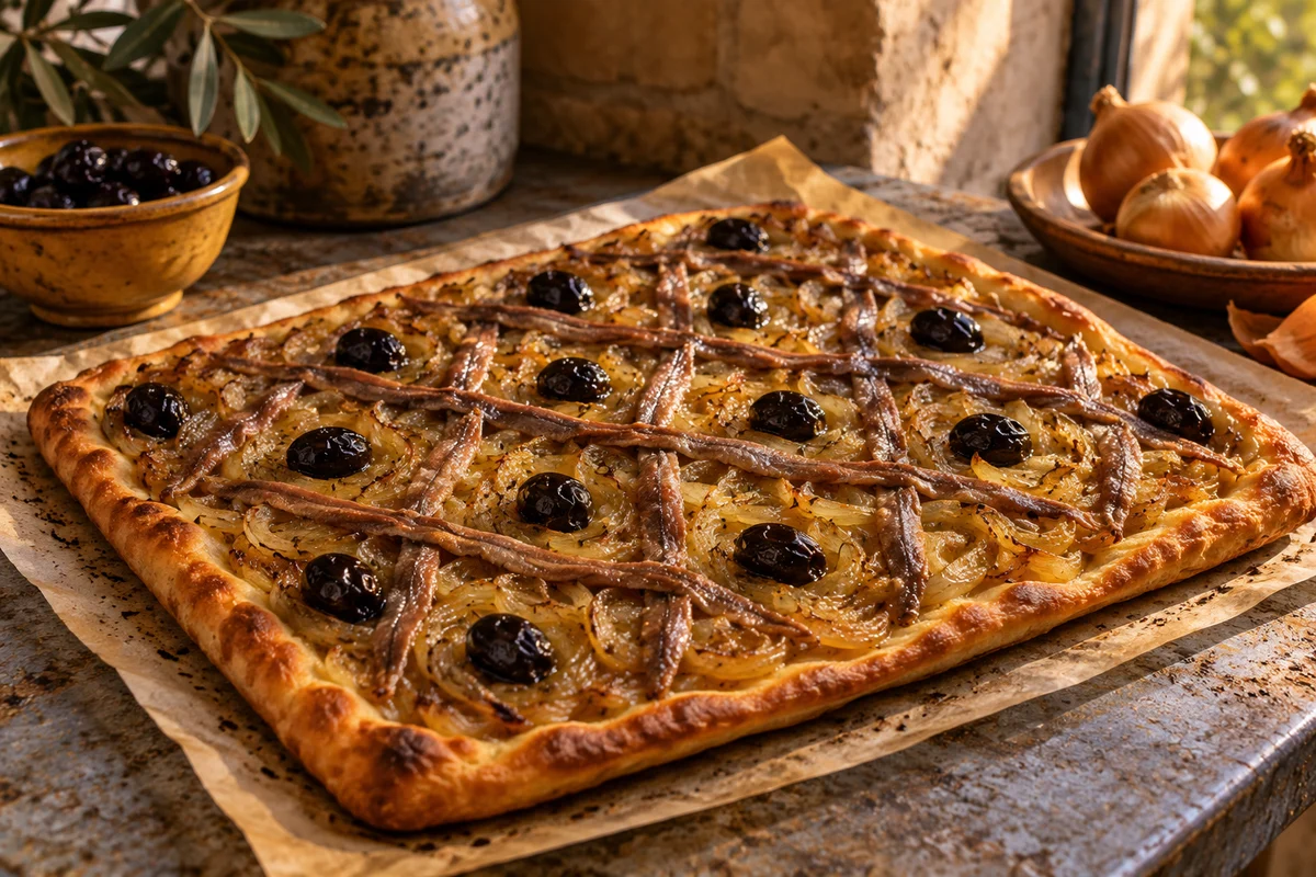 Pissaladière mit Zwiebeln, Sardellen und Oliven · KI-Illustration